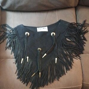 Vintage Black Leather Fringe Poncho, Style 210, Pioneer Wear, Made In USA